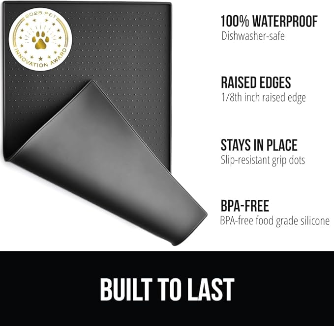 GORILLA GRIP 100% Waterproof Raised Edge BPA Free Silicone Pet Feeding Mat, Dog Cat Food Mats Contain Spills Protects Floors, Placemats for Cats and Dogs Water Bowl, Pets Accessories 16x10, Charcoal