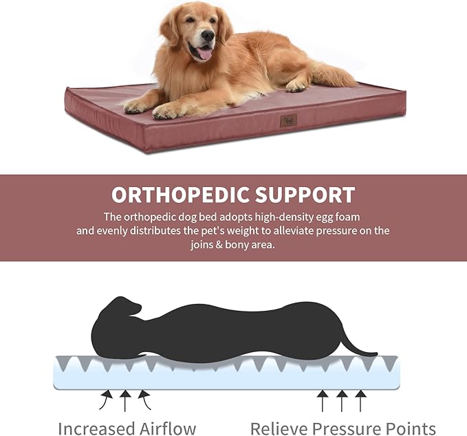 Outdoor Extra Large Dog Crate Bed, Big Waterproof Dog Bed for Large Dogs, Orthopedic Egg Foam Pet Bed Mat with Removable Cooling Cover, Pink