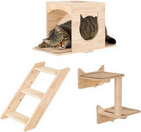 KVIDA Cat Wall Shelves Set – 5PCS Extra-Large Wall Mounted Cat Furniture with 2 Platforms, Sisal Scratching Post & Cat House – Solid Wood Climbing Wall for Large Indoor Cats