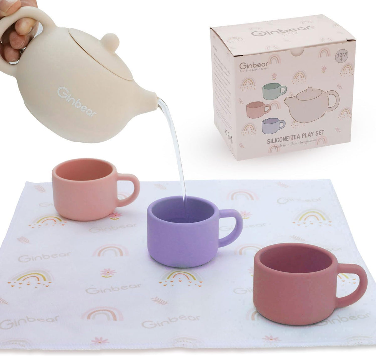 Ginbear silicone toddler tea set with teapot, three cups and cloth napkin in green - view 2