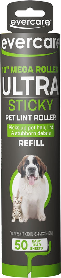 Evercare 10” Mega All-Purpose Pet Hair Lint Roller Refill, 50 Sheets – Sticky Roller for Pet Hair, Cat & Dog Hair Remover, Lint Remover, Pet Hair Remover for Furniture, Clothing & Cars