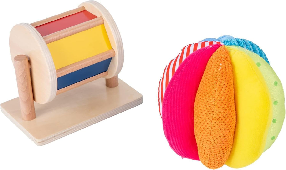 Adena Montessori Play Kit: Knob Puzzle, Drum & Ball, 6-12m – Fun for Kids & Family - Spinning Drum & Fabric Ball