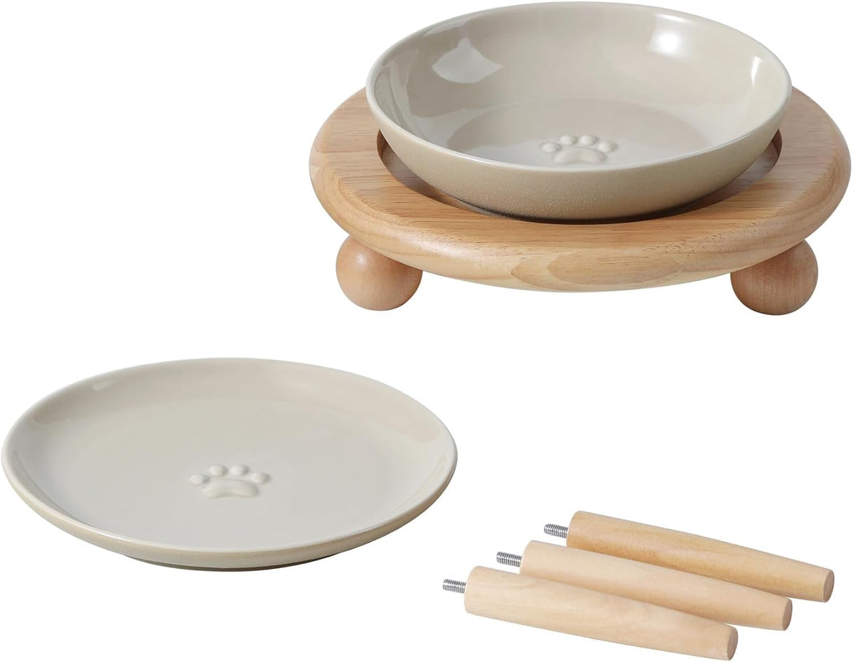 Elevated Cat Bowls, Cat Food and Water Bowl Set - Vintage Latte / 1 Bowl+1 Dish