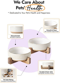 Ceramic Dog and Cat Bowl Set with Acacia Wood Stand - S-2 Cups / Lines+Dot - image 2