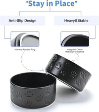 SPUNKYJUNKY Ceramic Dog and Cat Bowls 2 Pack, 5.1'' Dog and Cat Food Water Double Feeding Bowls Non-Slip for Cats and Puppy Small Sized Breed Dogs Microwave Dishwasher Safe - 13.5 OZ, 2pcs, Paw Black