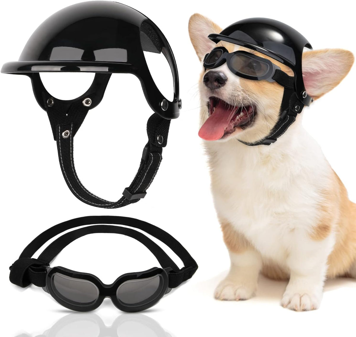 SlowTon Dog Helmet and Goggles, Dog Hat & Sunglasses Set - Small (16.5-27.5 lb) / 1.Black