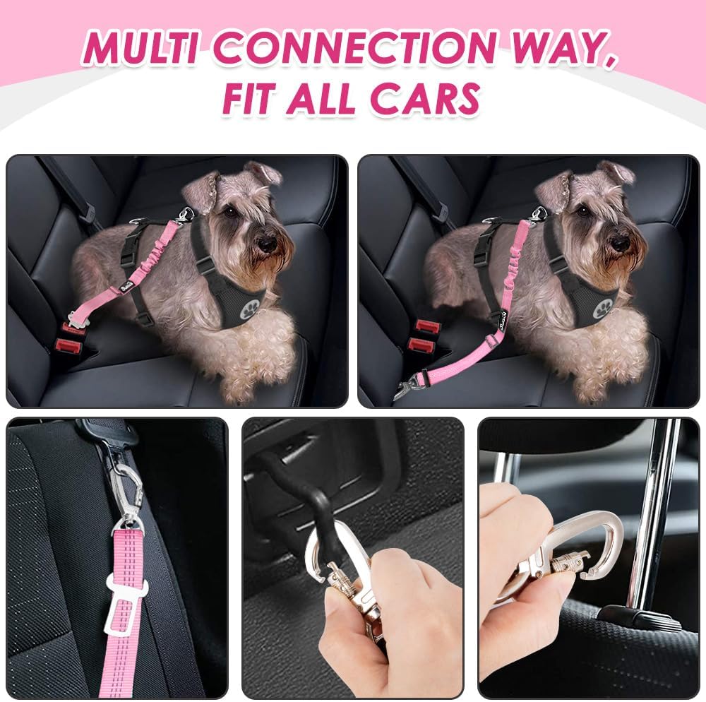 SlowTon Dog Seatbelt, 2 Pack Adjustable Heavy Duty Dog Safety Seat Belt – Essentials for Dogs - Pink / Seatbelt Clip + Carabiner - image 2