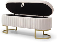 50" Sherpa Storage Ottoman Bench – Velvet Upholstered Bedroom Bench with Golden Metal Legs, Lift-Top Hidden Storage, Modern Footrest for Living Room, Entryway, Bed End (Beige)