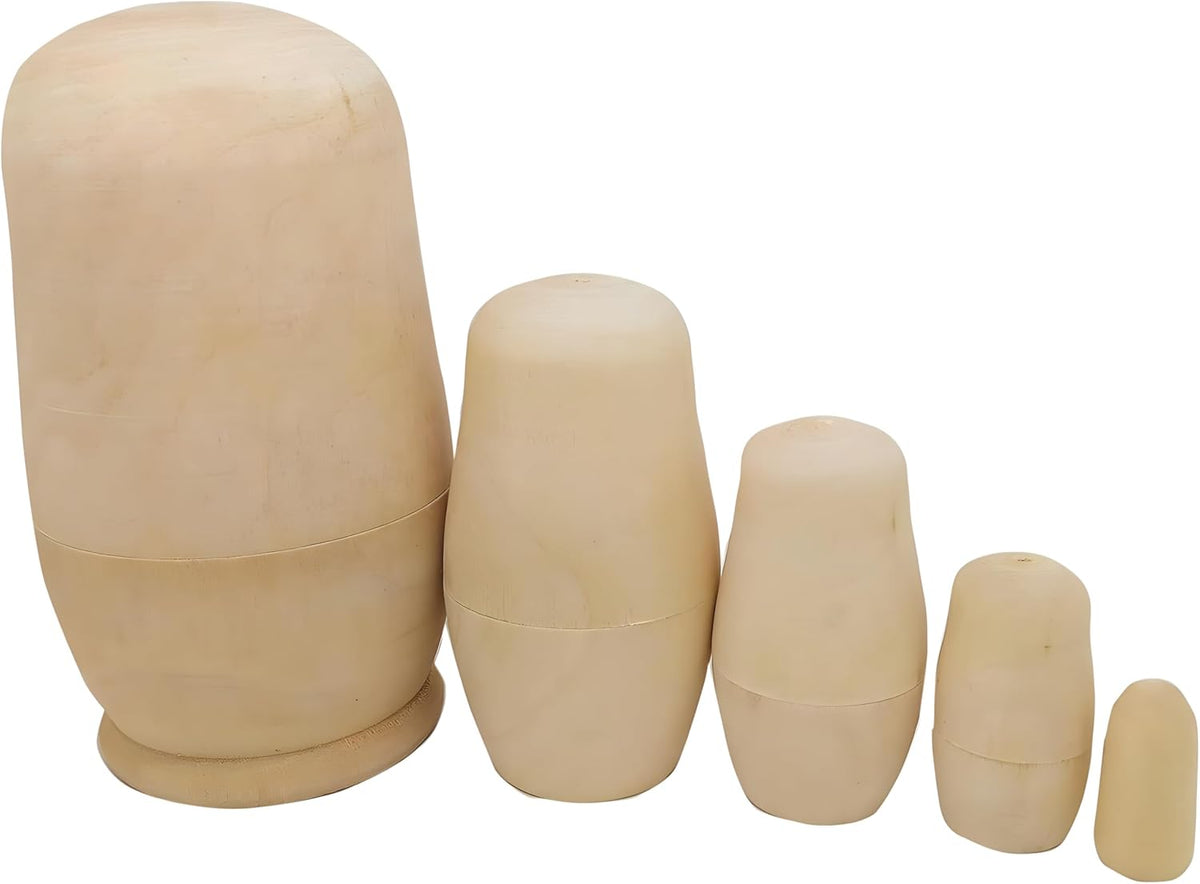 MAGIKON set of 5 unpainted wooden nesting dolls in natural sanded wood, largest 5 inches