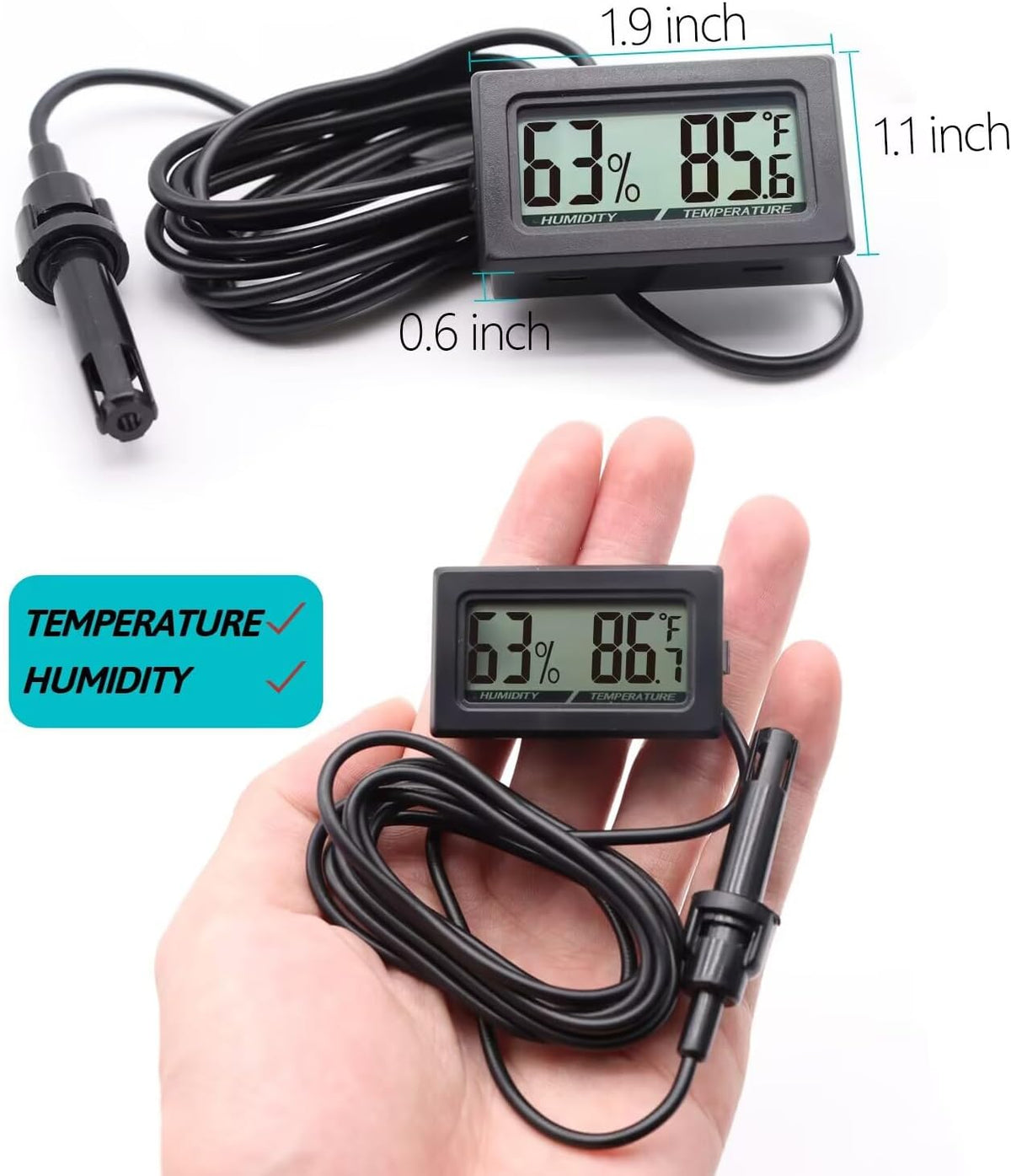 Digital Probe Thermometer Hygrometer for Reptiles - Black - image 2