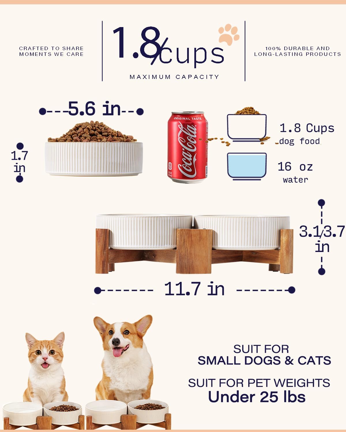 Ceramic Dog Bowls Set with Acacia Wood Stand - Small-1.8Cups / Vintage White - image 2