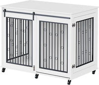 IchbinGo Large Dog Crate Furniture, 47" Wooden Dog Kennel with Sliding Barn Door, Flip-Top Lid & Wheels, Indoor Pet Crate Table with Detachable Divider for Small/Medium/Large Dogs (White)
