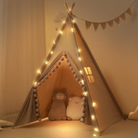 RONGFA cotton canvas kids teepee tent with pompom ball trim, floor mat and star light