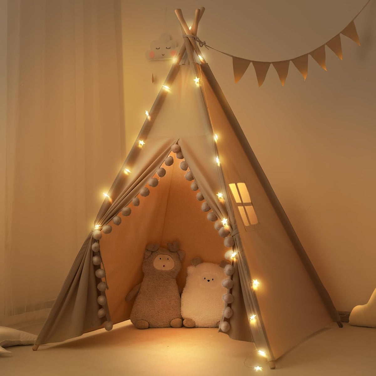 RONGFA cotton canvas kids teepee tent with pompom ball trim, floor mat and star light