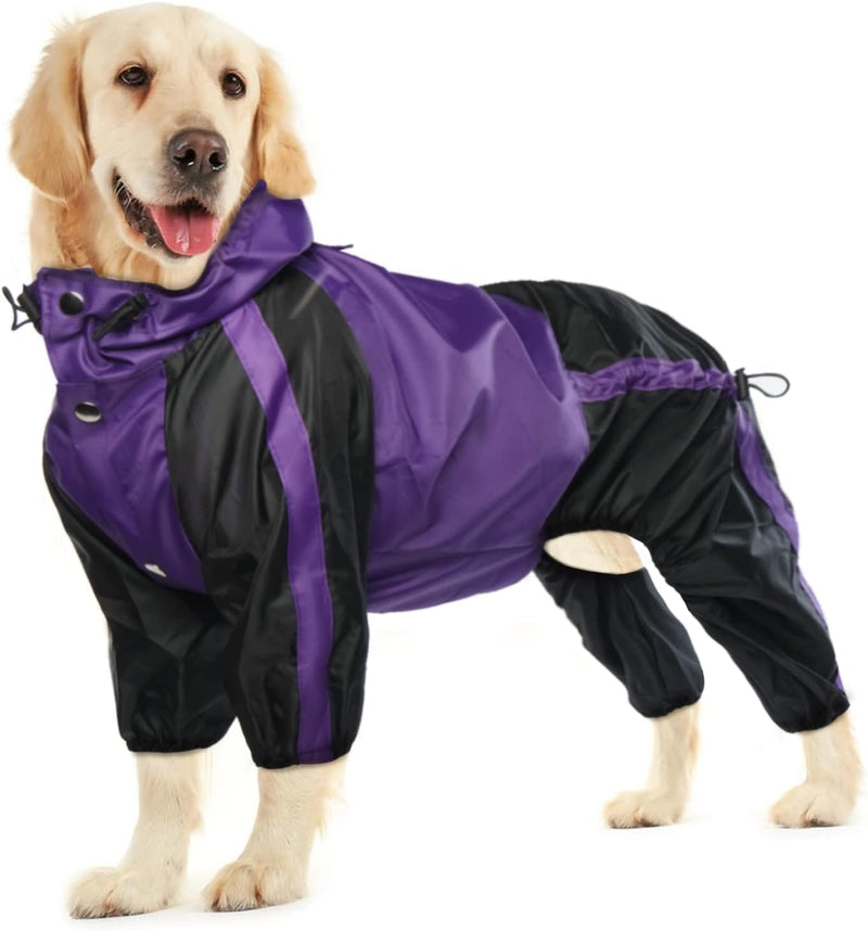 Dog Raincoat, 4 Leg Waterproof Dog Rain Jacket with Hood - Purple / Large