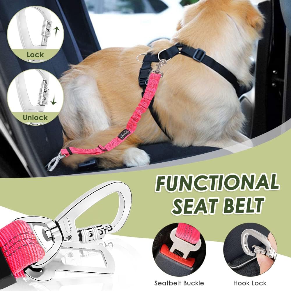 SlowTon Dog Seatbelt, 2 Pack Adjustable Heavy Duty Dog Safety Seat Belt – Essentials for Dogs - Fluorescent pink / Seatbelt Clip + Carabiner - image 3