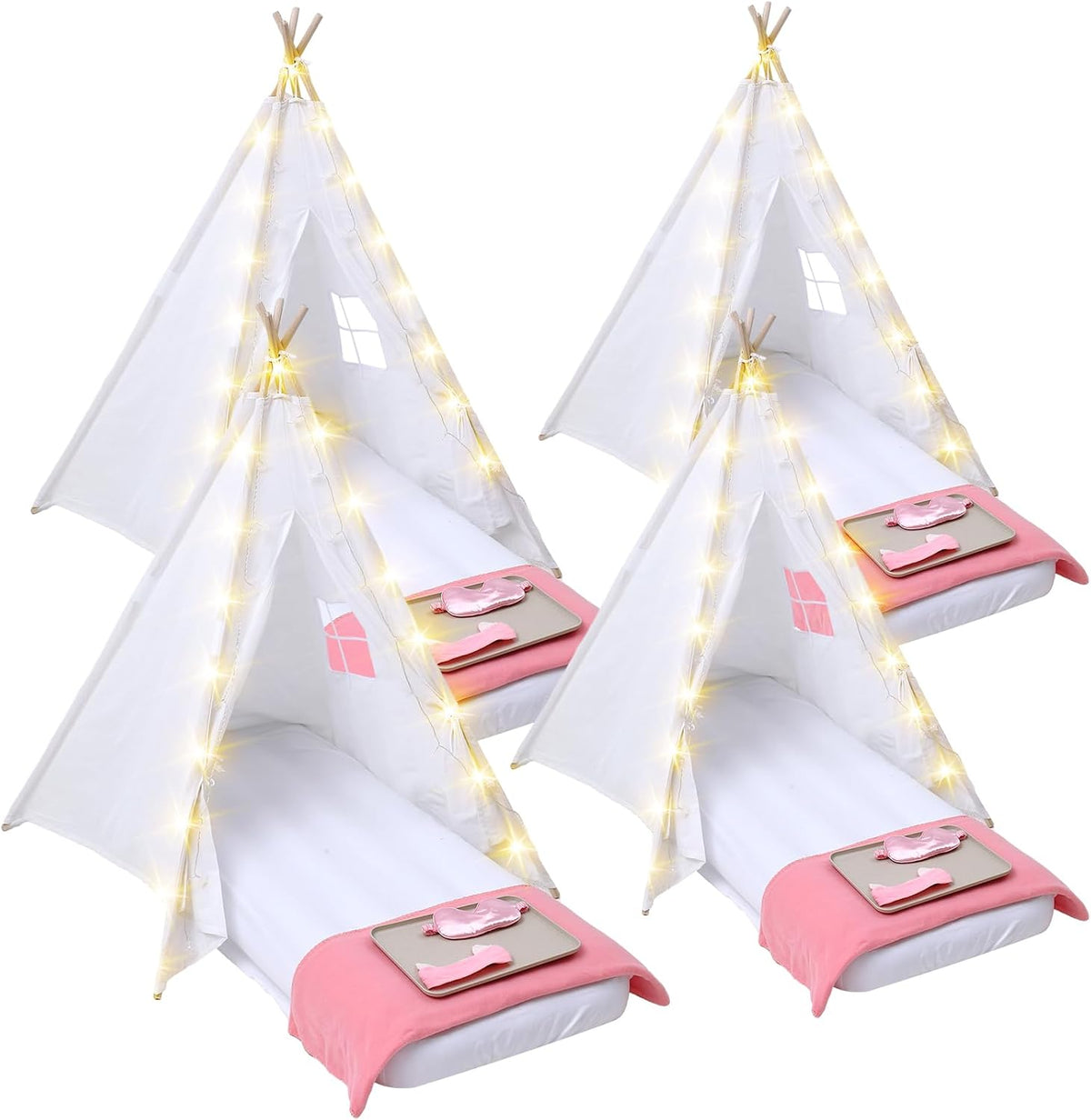 Windyun 4 pack kids sleepover teepee tents with air mattresses, blankets and star lights