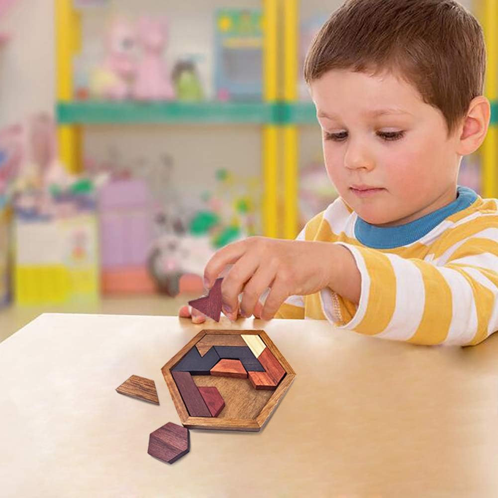 KINGOU Wooden Hexagon Tangram Brain Teaser Puzzle – Fun for Kids & Family - image 3