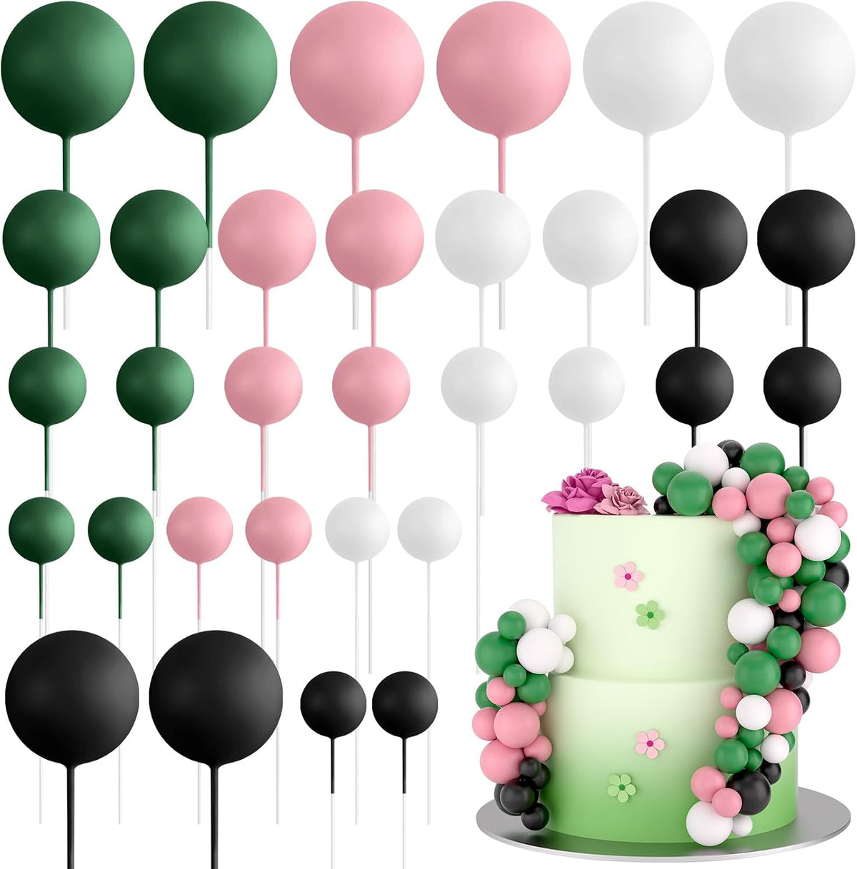 ASTARON 32 Pcs Foam Balls Cake Topper Decorations for Party Cake - Pink Green Black