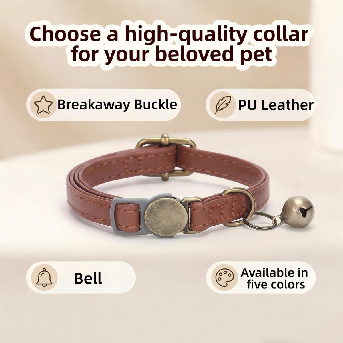 THAIN Leather Cat Collar with Bell Breakaway, Adjustable - Brown - image 3