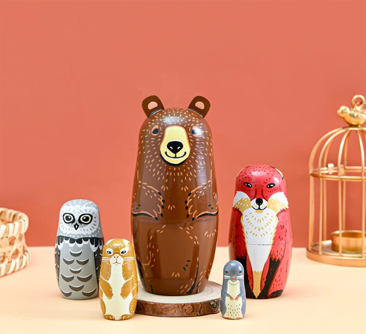 Kakeah 5 piece wooden nesting dolls set with brown bear, fox, owl, rabbit and raccoon - view 6