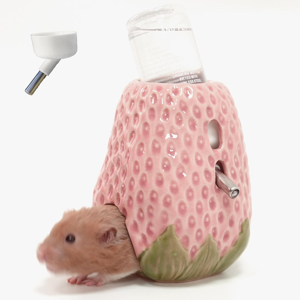 Adjustable No-Drip Pink Strawberry Ceramic Hamster Water Bottle – Essentials for Small Pets - Strawberry -pink