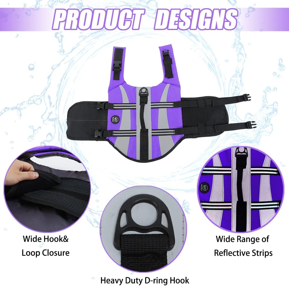 EMUST Dog Life Jacket, High Visibility Dog Life Vests with 2 Rescue Handles – Essentials for Dogs - Medium / Purple - image 3