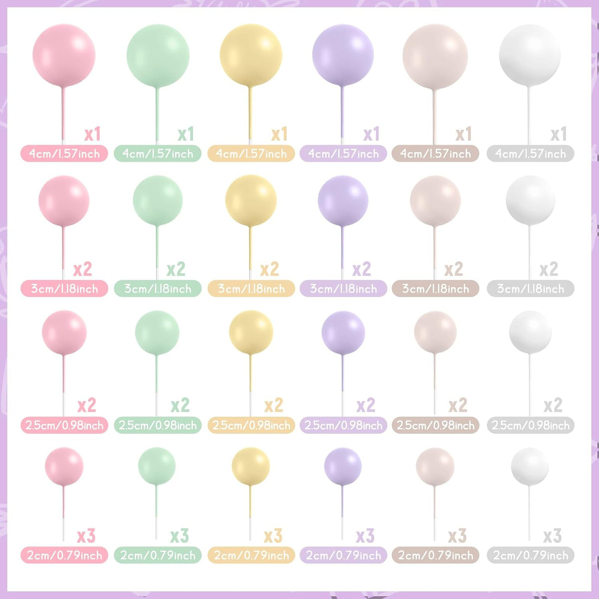 48 Pcs Balls Cake Topper Decorations Balloon Cupcake Toppers Foam - Pink,green,yellow,purple,brown,white - image 2
