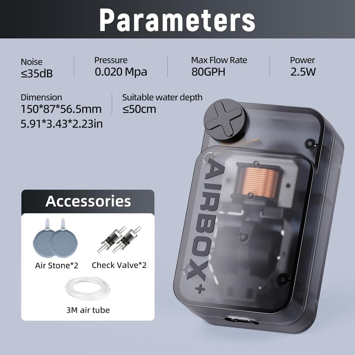 Aquarium Air Pump,Ultra-Quiet/Small Size/More Output Air Pump for Fish Tank 1.5w/29GPH/14Kpa,with - 2.5W/80GPH （60-90gal） - image 2