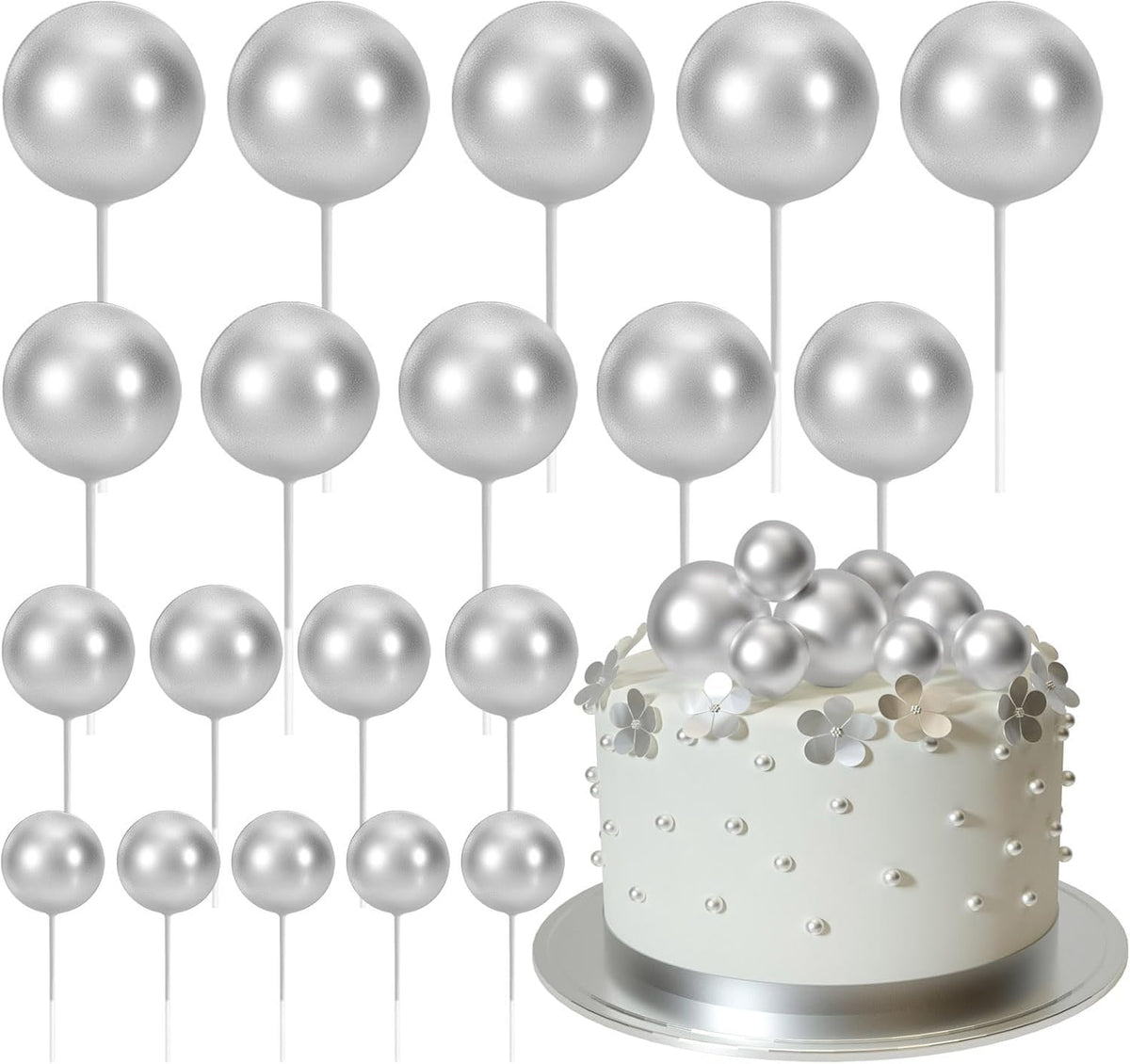 ASTARON 20 Pcs Gold Balls Cake Topper Decorations for Birthday Cake - Silver