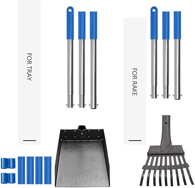 QiMH Upgraded Dog Pooper Scooper Extra Large, Adjustable Long Handle Stainless Metal Pet Poop Tray and Rake Set for Large Medium Small Dogs, Dog Waste Removal Bin Rake, Great for Grass, Street, Gravel