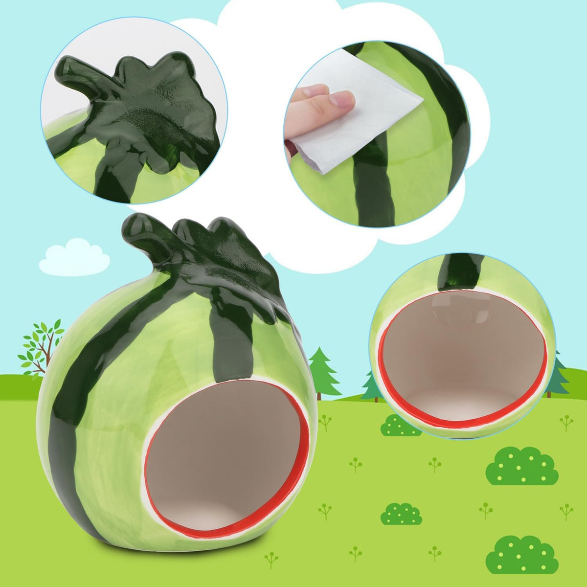 Hypeety Ceramic Hamster Hideout Decor Cool Bed Bath House - Green/Watermelon - image 4