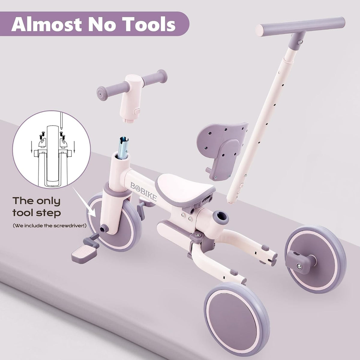 Bobike 5-in-1 toddler tricycle with push handle and seat backrest in purple - view 15