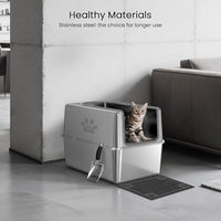 Enclosed Stainless Steel Cat Litter Box with Lid, XL Metal Litter Box for Big Cats, Extra Large Cat Toilet with High Side, Non-Stick, Anti-Leakage, Odorless, with Cats Litter Mat & Litter Scoop
