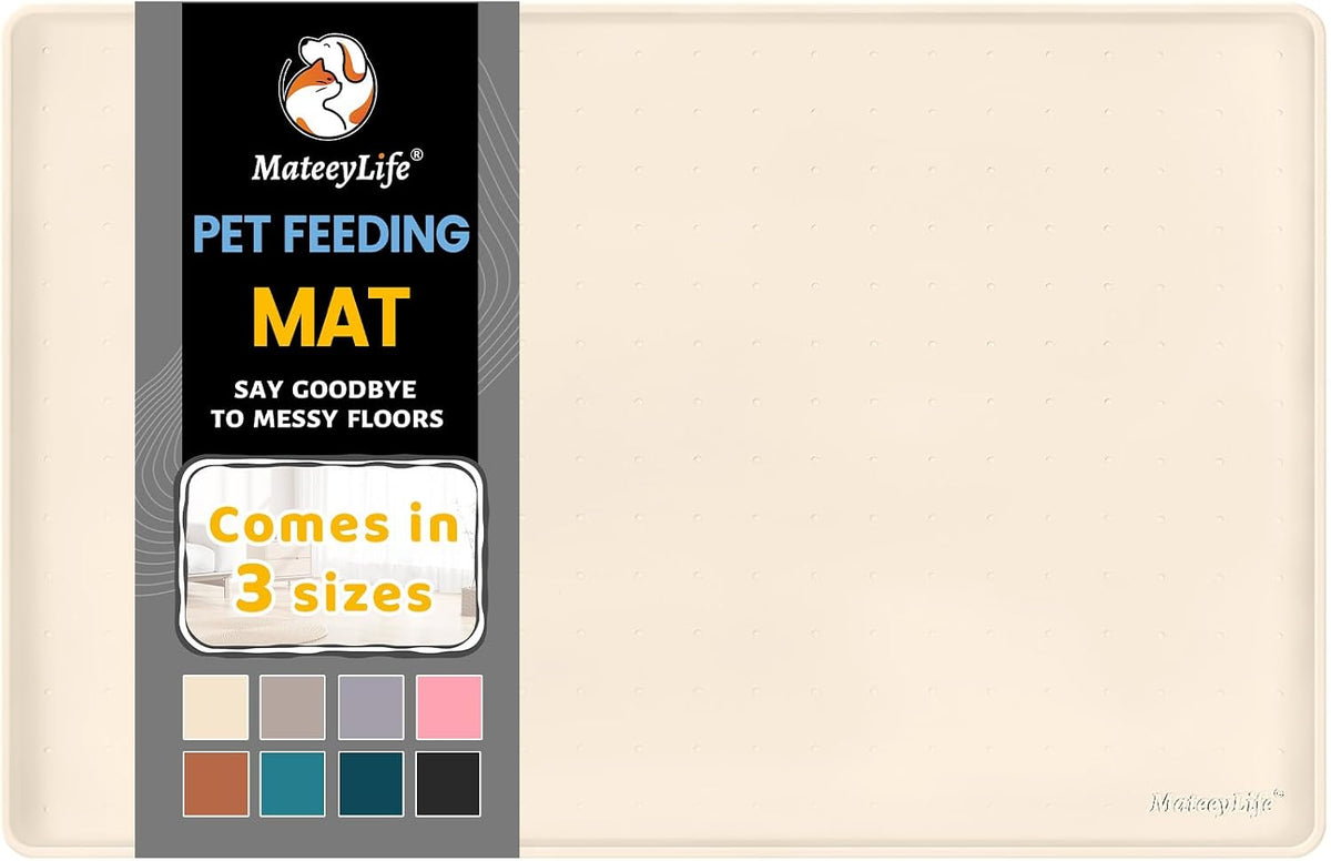 MateeyLife Silicone Cat & Dog Food Mat for Floors Waterproof - Beige / 18"L x 12"W
