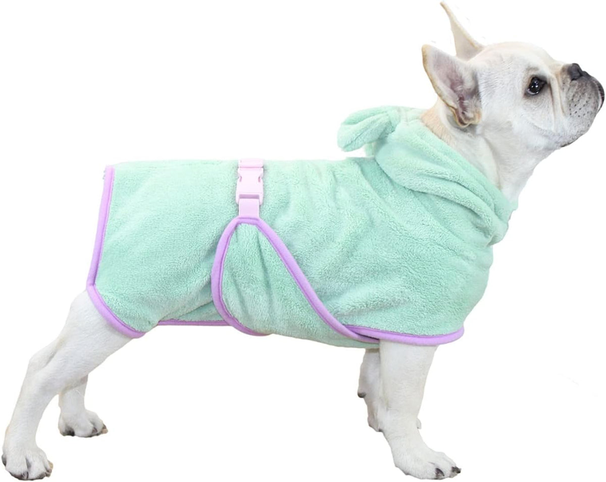 Dog Bathrobe, Microfiber Fast Drying Absorbent Hooded Bath Towel White for Puppy Small Medium Large - S:20-35LB (2nd Generation) / Green