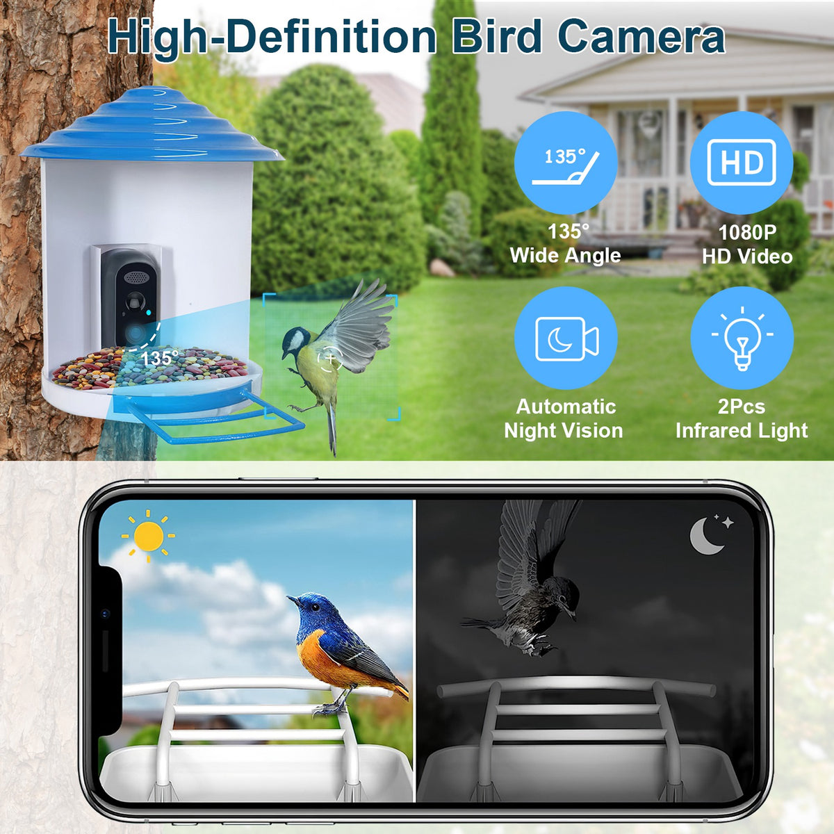 Smart Bird Feeder With Solar Powered Camera 1080P HD AI Identify PIR Motion Auto Capture Video Cloud Card Storage WiFi C