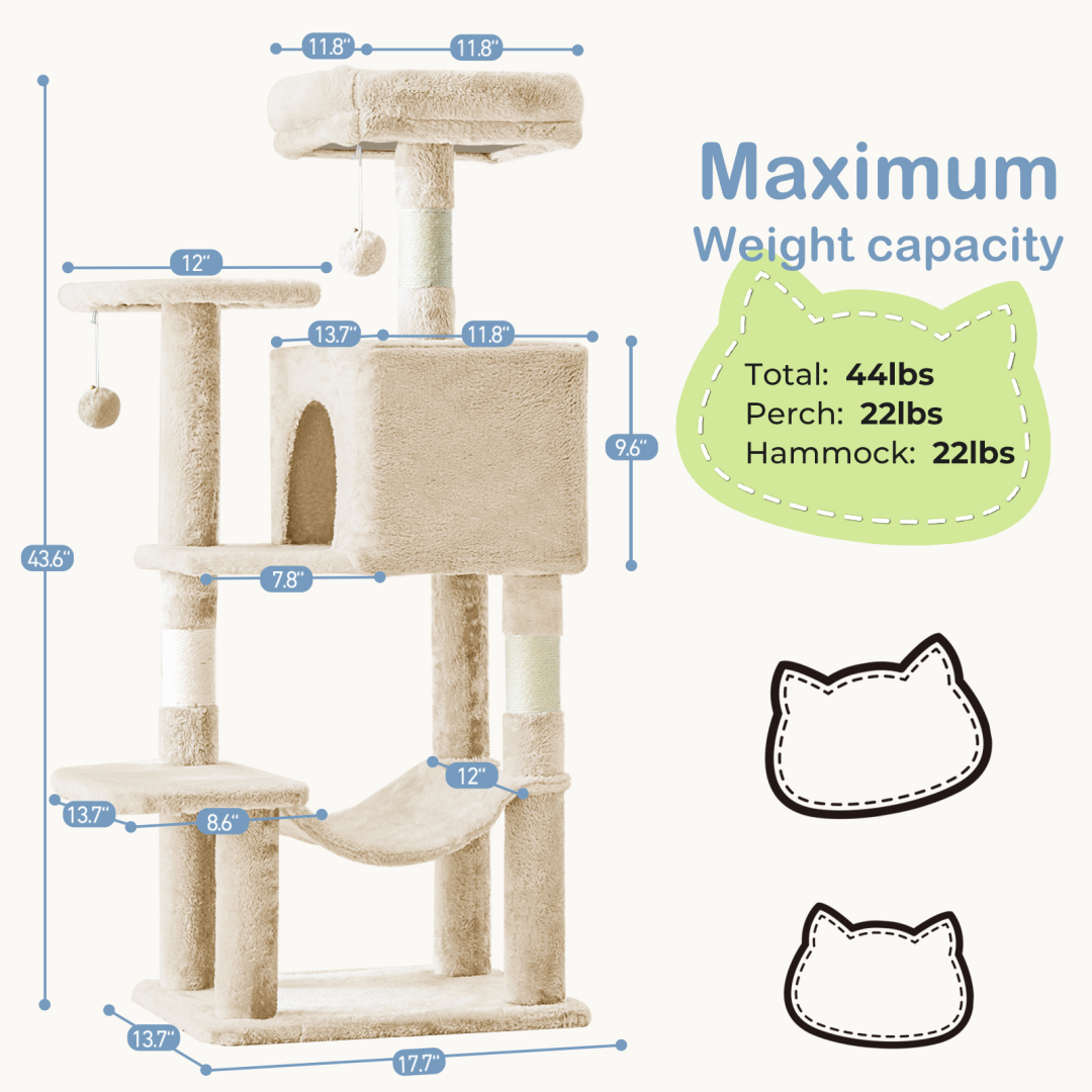 44 Inch Cat Tree Tower, Multi-Cat Climbing Tower With, Natural Sisal Scratching Posts, Extended Platform, Hammock