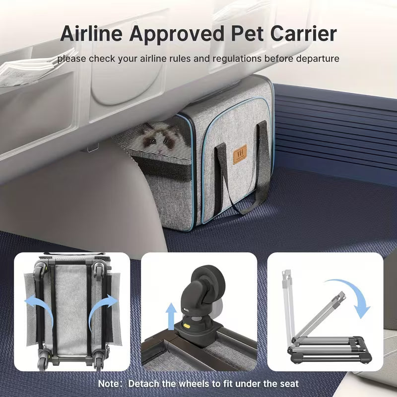 Rolling Cat & Dog Travel Carrier – Expandable Wheeled Pet Cage with Detachable Base & Telescopic Handle, Airline Approved
