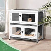 2 Story Solid Wood Rabbit Hutch Bunny Cage with 2 Large Main Rooms, Indoor Outdoor Rabbit House Guinea Pig Cage Pet Hous