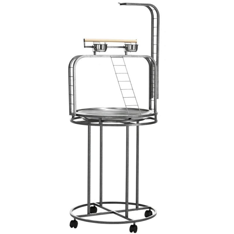 PawHut Parrot Stand Large Bird Perch Stand With Toy Hook 3 Ladders, Parrot Perch, Bird Wooden Stand, Gray