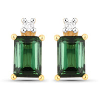 1.24 Carat Genuine Green Tourmaline and White Diamond 14K Yellow Gold Earrings