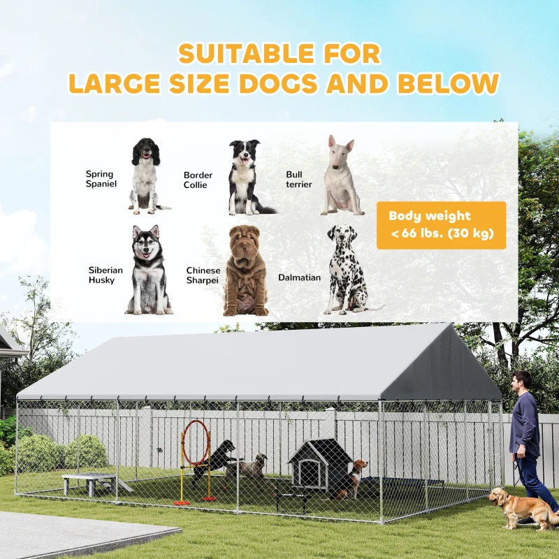 Heavy Duty Outdoor Dog Kennel With Waterproof Roof, 2 Secure Latches, Chain Link Dog Run For Backyard, 20' X 15' X 8',Mu