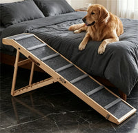 6-Level Adjustable Foldable Pet Ramp , Solid Pine Wood Non-Slip Dog Stairs with Side Rails, 145 lbs Heavy Duty Pet Step 