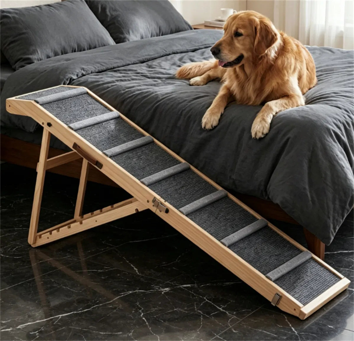 6-Level Adjustable Foldable Pet Ramp , Solid Pine Wood Non-Slip Dog Stairs with Side Rails, 145 lbs Heavy Duty Pet Step 
