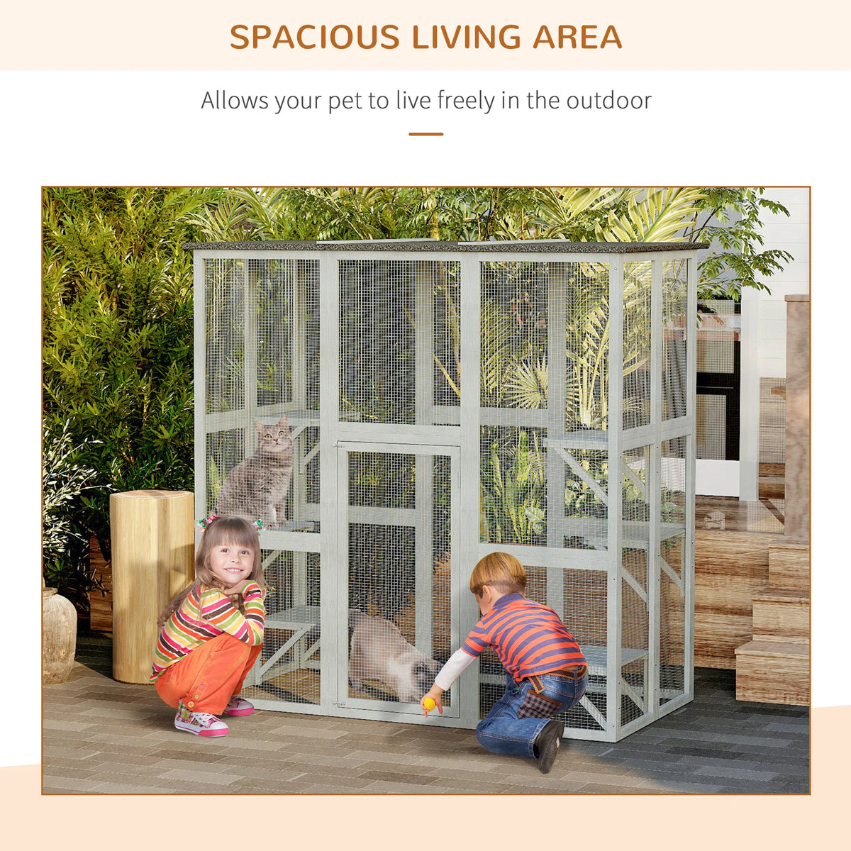 Large Outdoor Catio Enclosure, Weatherproof Cat House with Asphalt Roof, Wooden Cat Patio Cage with 6 Balanced Platforms