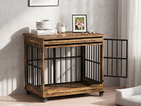 38in Dog Crate Furniture, Double Door Wooden Indoor Dog Kennel Furniture, Decorative Pet Cage End Table With Wheels For 