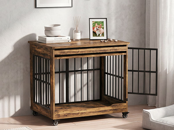38in Dog Crate Furniture, Double Door Wooden Indoor Dog Kennel Furniture, Decorative Pet Cage End Table With Wheels For 