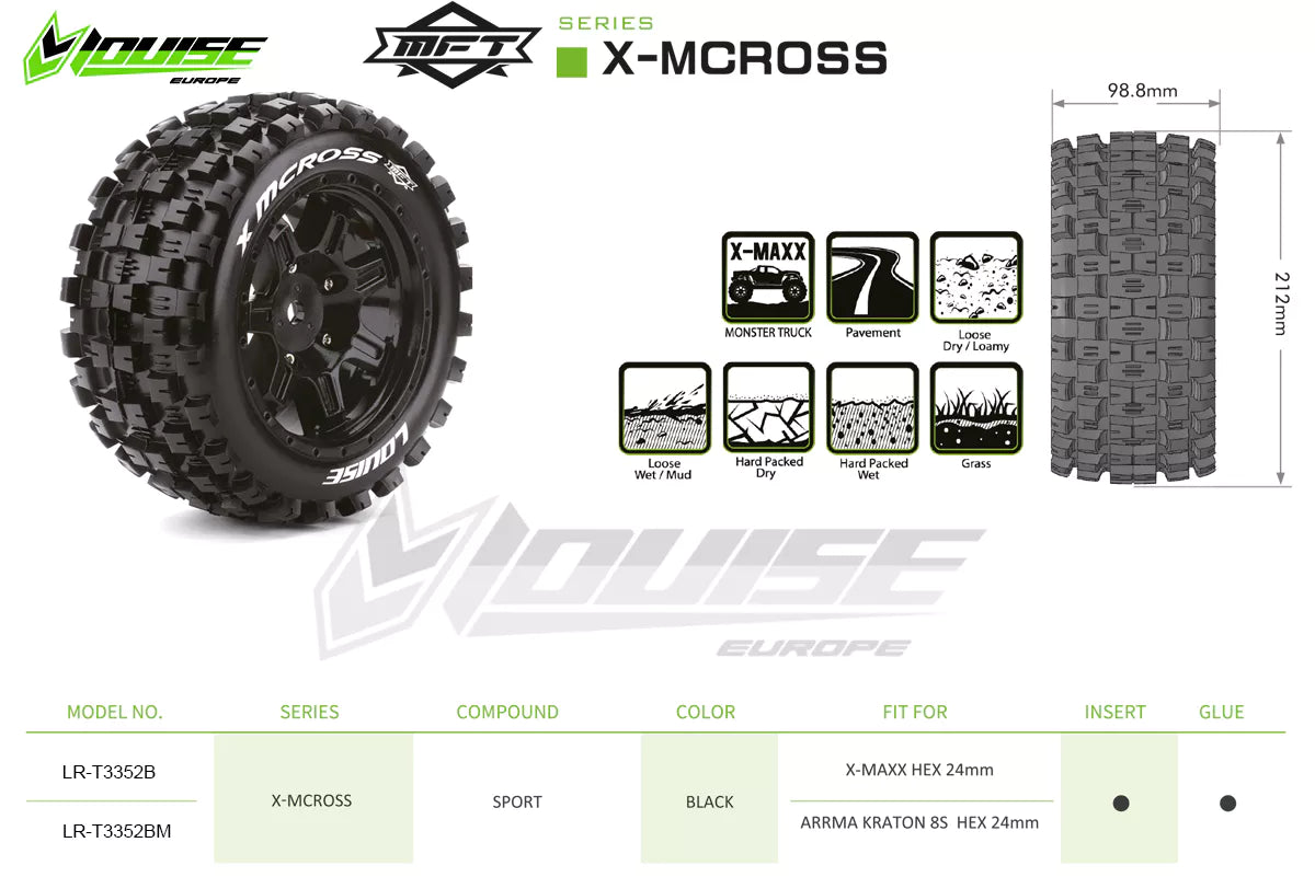 Louise R/C MFT X-Mcross X-MAXX XRT Sport Monster Truck Tires, 24mm Hex, (2) LT3352B