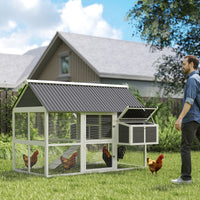 Wooden Chicken Coop with Run, 2 Nesting Boxes, 2 Roosting Bars, Ramp & Tray, Poultry Cage for 4-6 Chickens, Gray